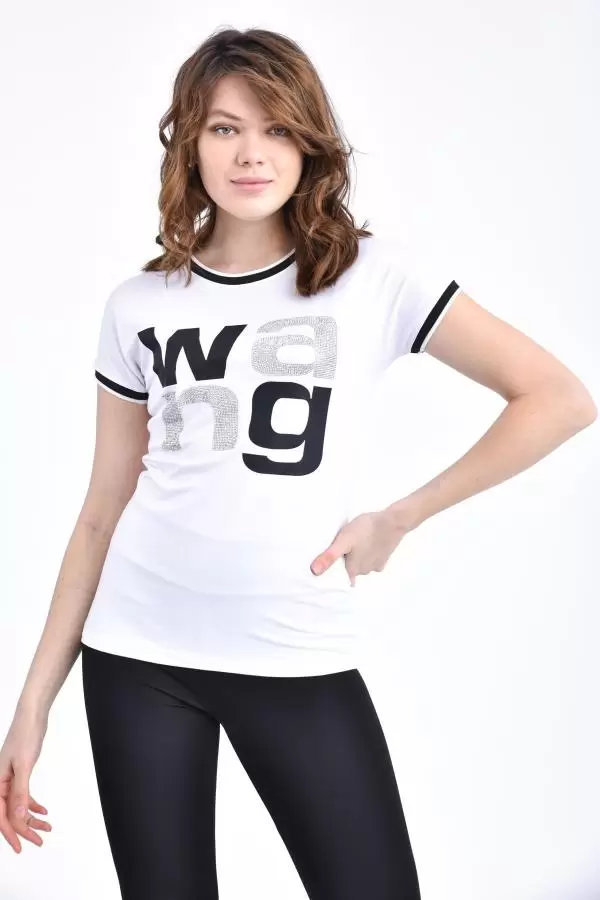 Bisiklet Yaka Kısa Kollu Baskılı ve Taşlı Beyaz Kadın Tişört