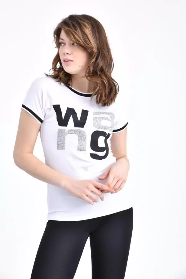 Bisiklet Yaka Kısa Kollu Baskılı ve Taşlı Beyaz Kadın Tişört