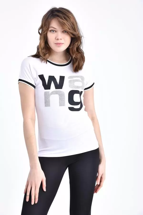 Bisiklet Yaka Kısa Kollu Baskılı ve Taşlı Beyaz Kadın Tişört