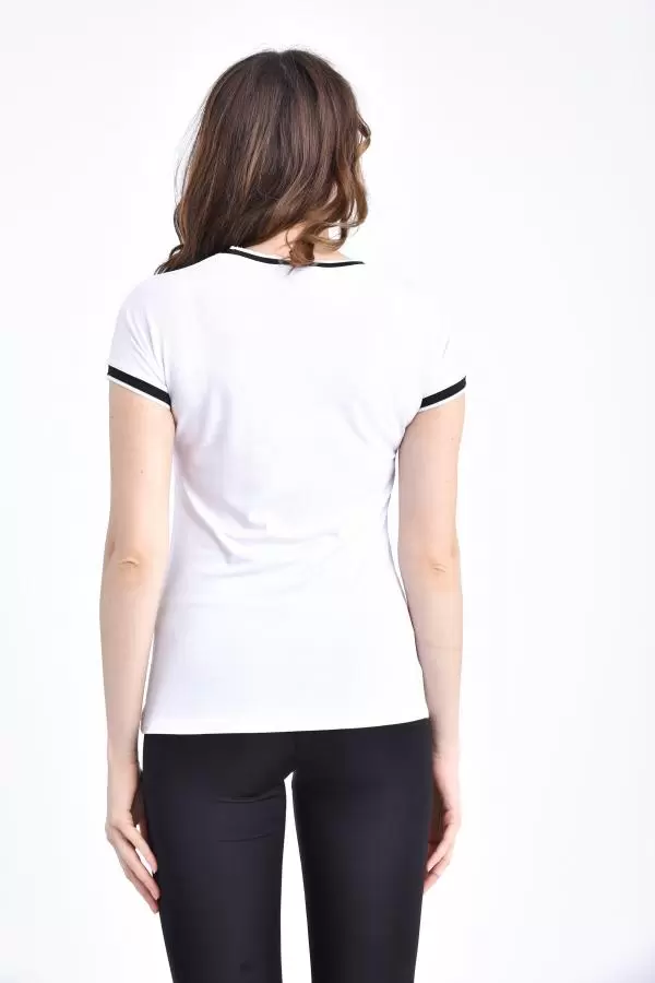 Bisiklet Yaka Kısa Kollu Baskılı ve Taşlı Beyaz Kadın Tişört