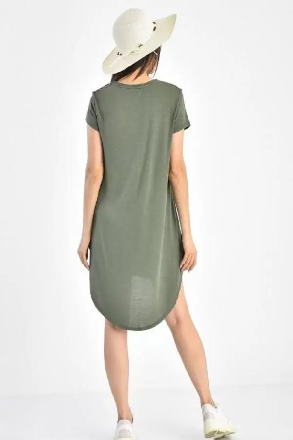 Bisiklet Yaka Kısa Kollu Haki Kadın Tunik