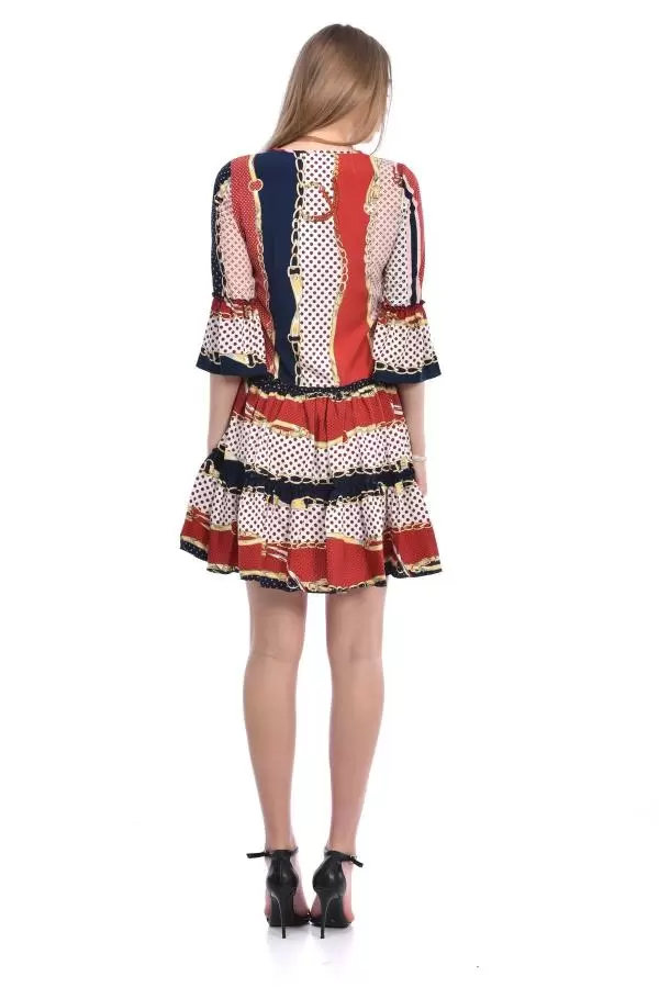 Bisiklet Yaka Kolu Volanlı Pileli Bordo Kadın Elbise