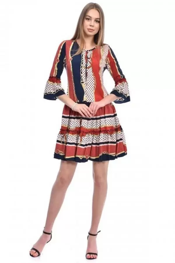 Bisiklet Yaka Kolu Volanlı Pileli Bordo Kadın Elbise