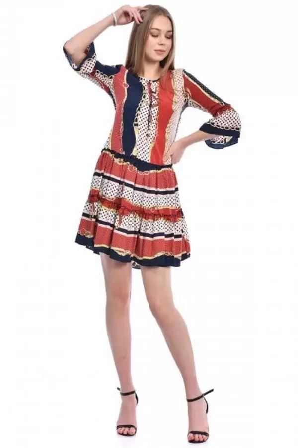 Bisiklet Yaka Kolu Volanlı Pileli Bordo Kadın Elbise