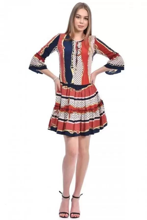 Bisiklet Yaka Kolu Volanlı Pileli Bordo Kadın Elbise