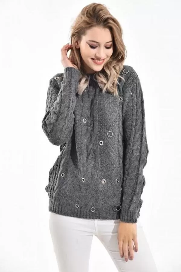 Bisiklet Yaka Kuşgözü ve Halkalı Füme Kadın Kazak