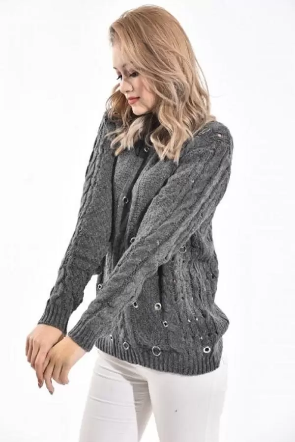 Bisiklet Yaka Kuşgözü ve Halkalı Füme Kadın Kazak