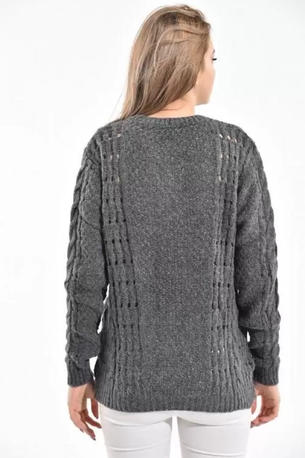 Bisiklet Yaka Kuşgözü ve Halkalı Füme Kadın Kazak