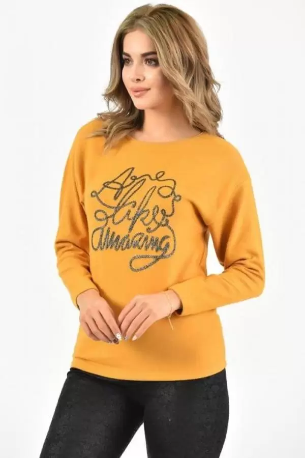 Bisiklet Yaka Nakış Baskılı Örme Hardal Kadın Bluz