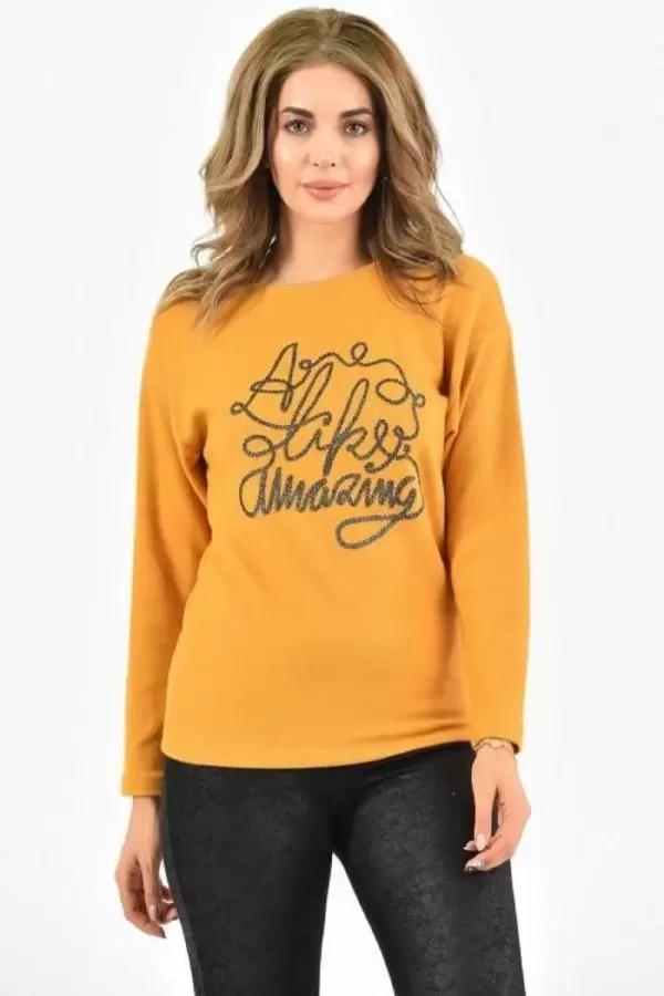 Bisiklet Yaka Nakış Baskılı Örme Hardal Kadın Bluz