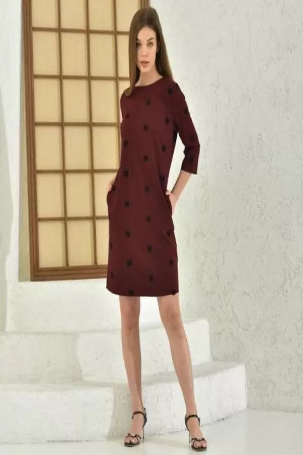 Bisiklet Yaka Nakışlı Bordo Kadın Elbise