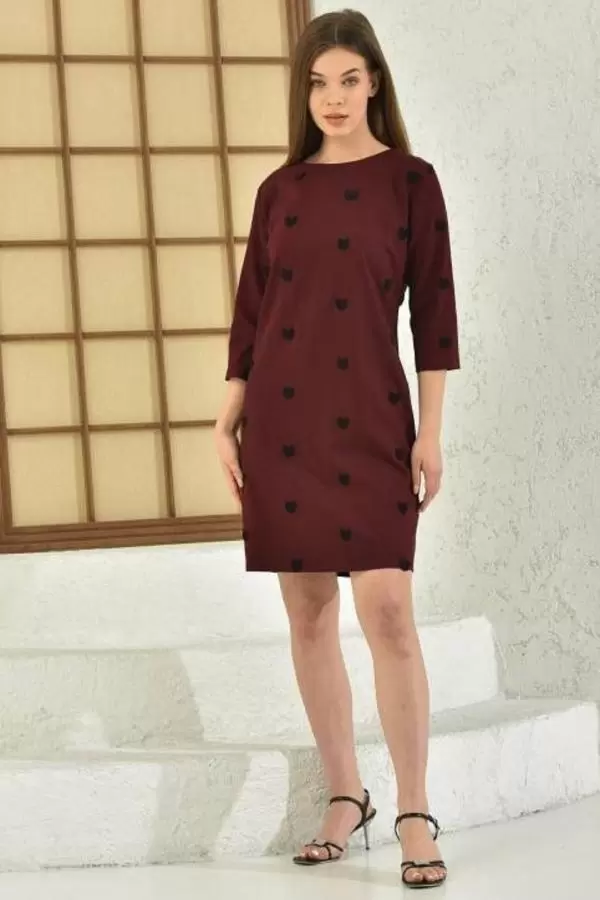 Bisiklet Yaka Nakışlı Bordo Kadın Elbise