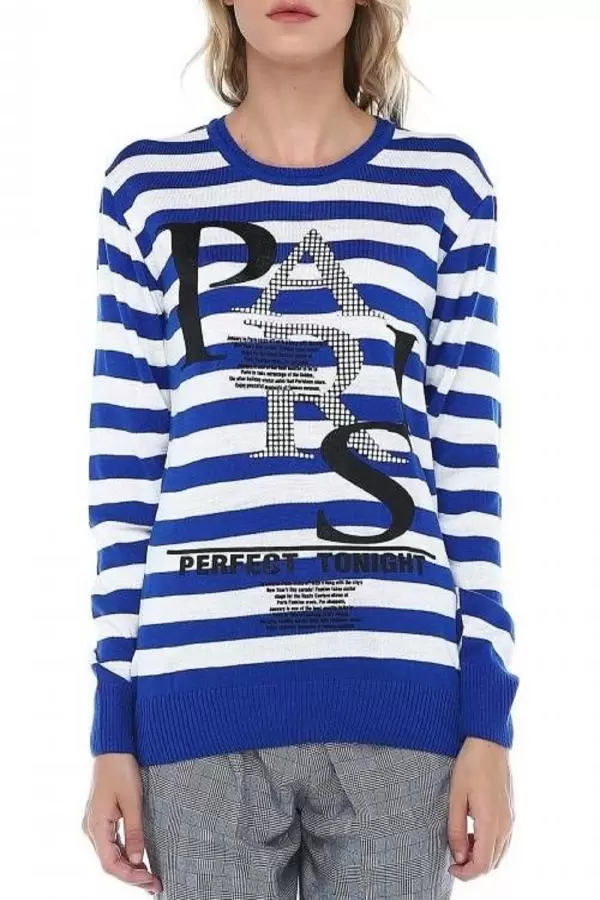 Bisiklet Yaka Paris Baskılı Çizgili Basic Mavi Kadın Triko Kazak