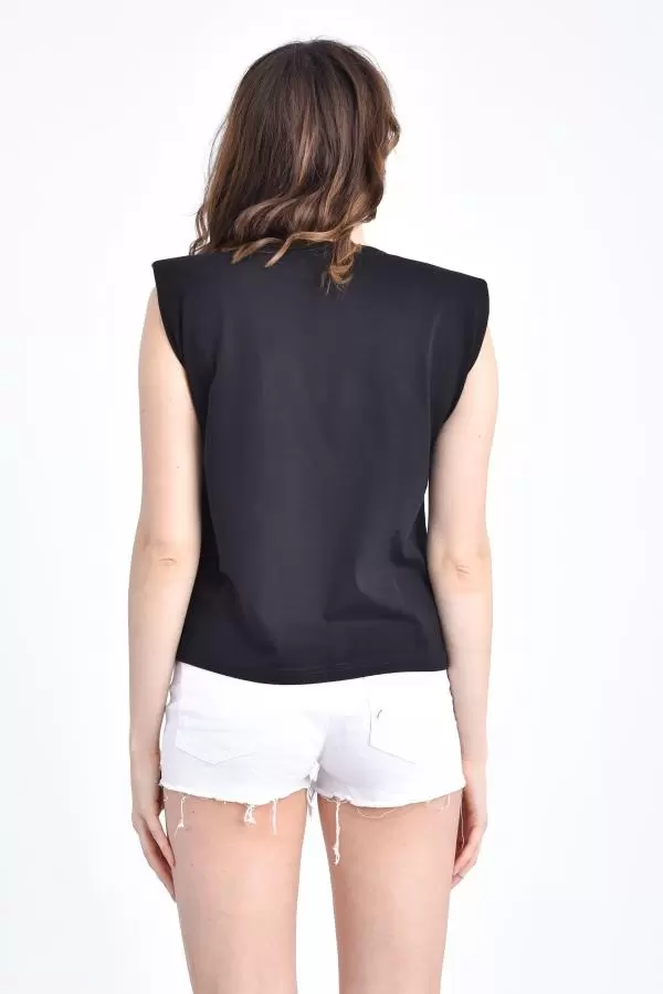 Bisiklet Yaka Sıfır Kol Vatkalı Siyah Kadın Tişört