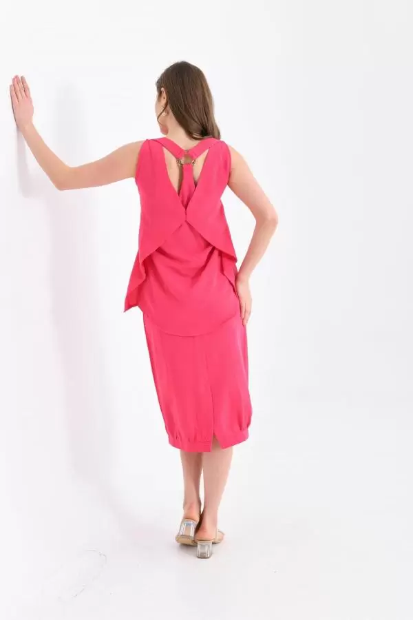 Bisiklet Yaka Sırt Detaylı Alt Üst İkili Fuşya Elbise
