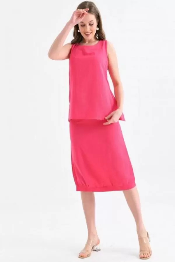 Bisiklet Yaka Sırt Detaylı Alt Üst İkili Fuşya Elbise