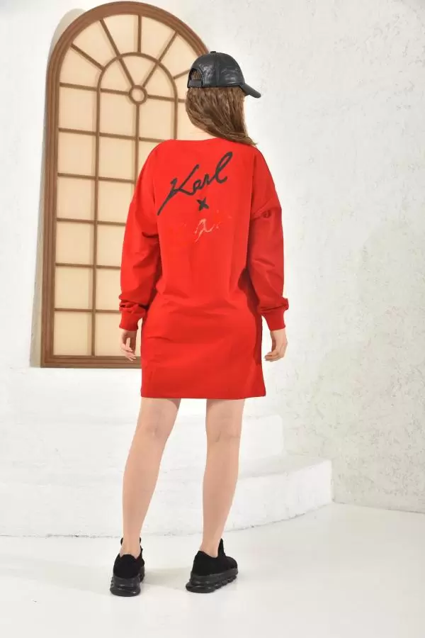 Bisiklet Yaka Taş ve Baskılı Figürlü Kırmızı Kadın Tunik Elbise