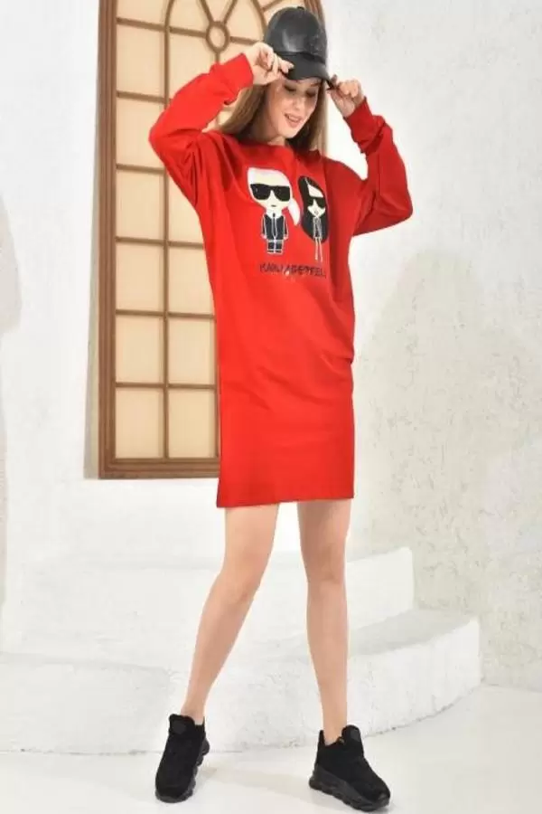 Bisiklet Yaka Taş ve Baskılı Figürlü Kırmızı Kadın Tunik Elbise