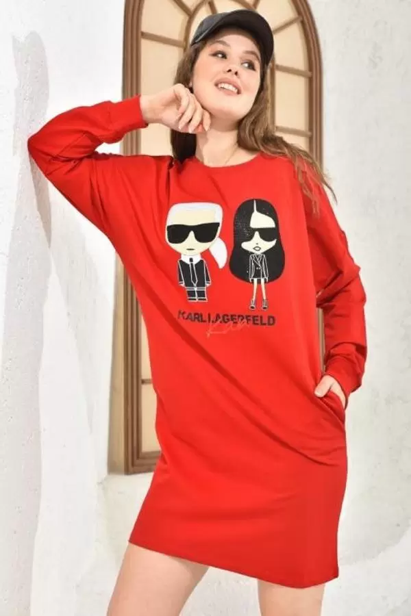 Bisiklet Yaka Taş ve Baskılı Figürlü Kırmızı Kadın Tunik Elbise