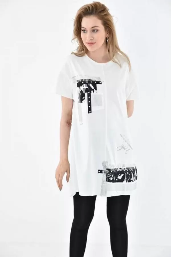 Bisiklet Yaka Taşlı ve Baskılı Beyaz Kadın Bluz