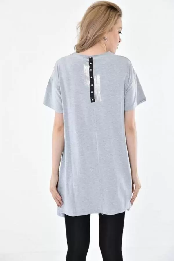 Bisiklet Yaka Taşlı ve Baskılı Gri Kadın Bluz