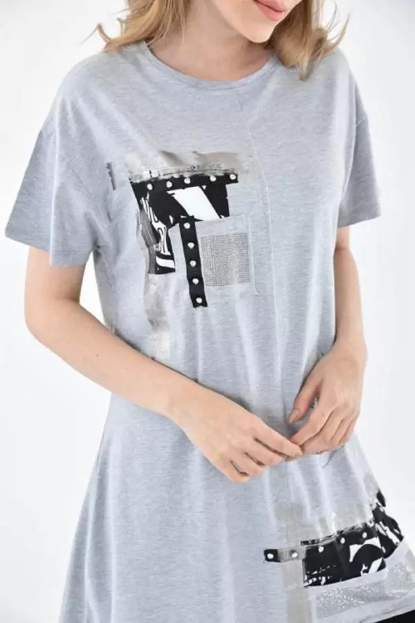 Bisiklet Yaka Taşlı ve Baskılı Gri Kadın Bluz