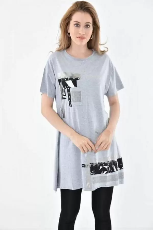 Bisiklet Yaka Taşlı ve Baskılı Gri Kadın Bluz