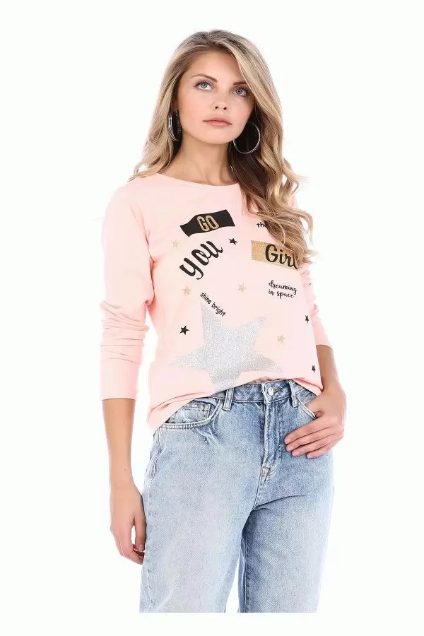 Bisiklet Yaka Uzun Kollu Yıldız Baskılı Pudra Kadın Tişört