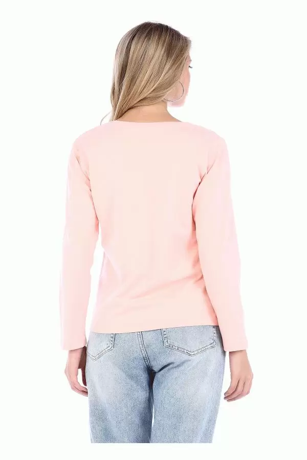 Bisiklet Yaka Uzun Kollu Yıldız Baskılı Pudra Kadın Tişört