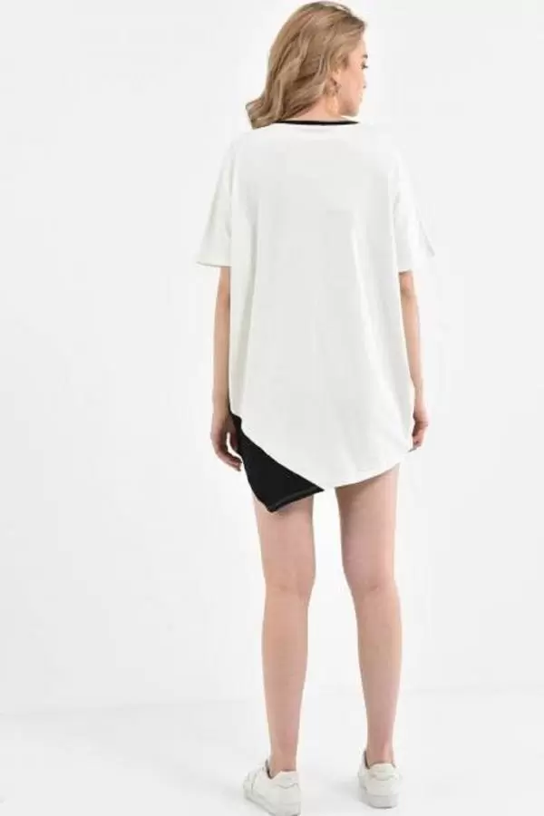 Bisiklet Yaka Yandan Fermuarlı Baskılı ve Taşlı Beyaz Kadın Bluz