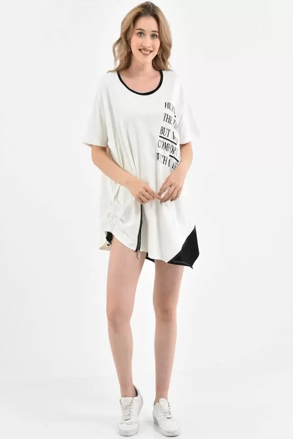 Bisiklet Yaka Yandan Fermuarlı Baskılı ve Taşlı Beyaz Kadın Bluz