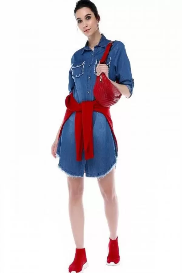 Cep ve Etek Kenarları Püsküllü İncili Koyu Mavi Kadın Tunik