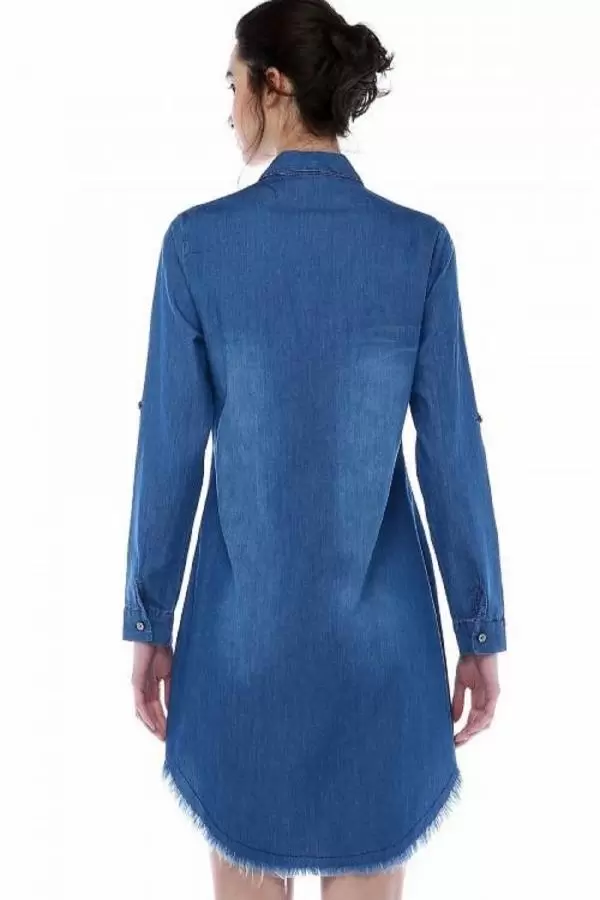 Cep ve Etek Kenarları Püsküllü İncili Koyu Mavi Kadın Tunik