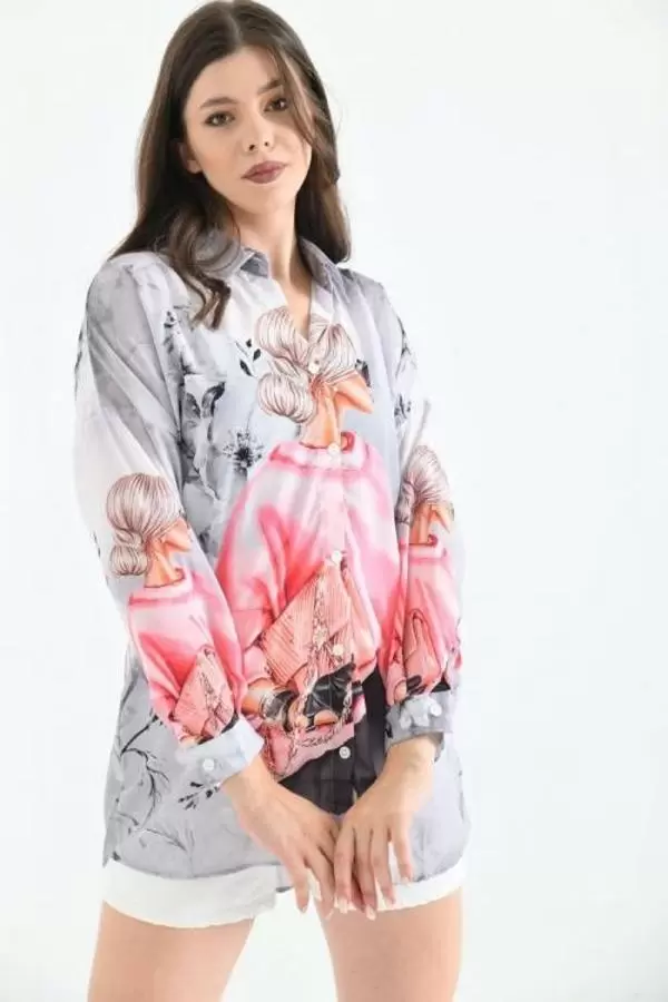 Çiçek ve Görsel Baskılı Uzun Kollu Kadın Gri Gömlek