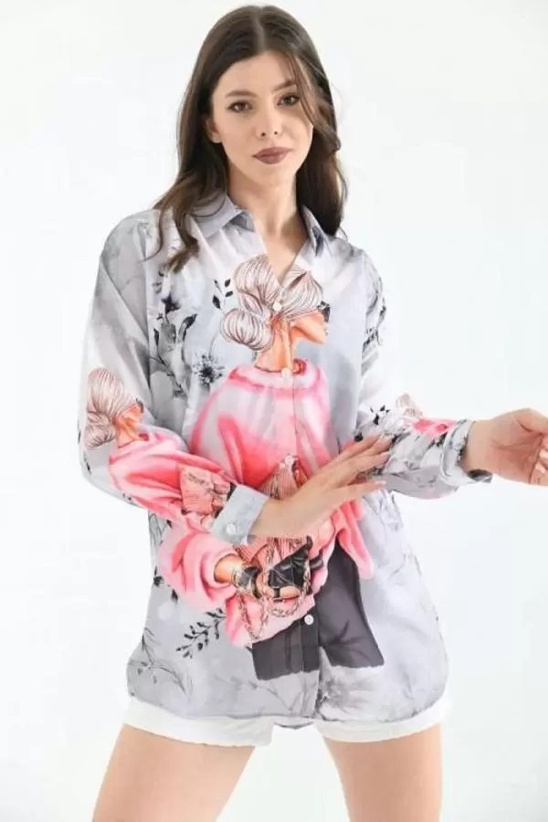 Çiçek ve Görsel Baskılı Uzun Kollu Kadın Gri Gömlek