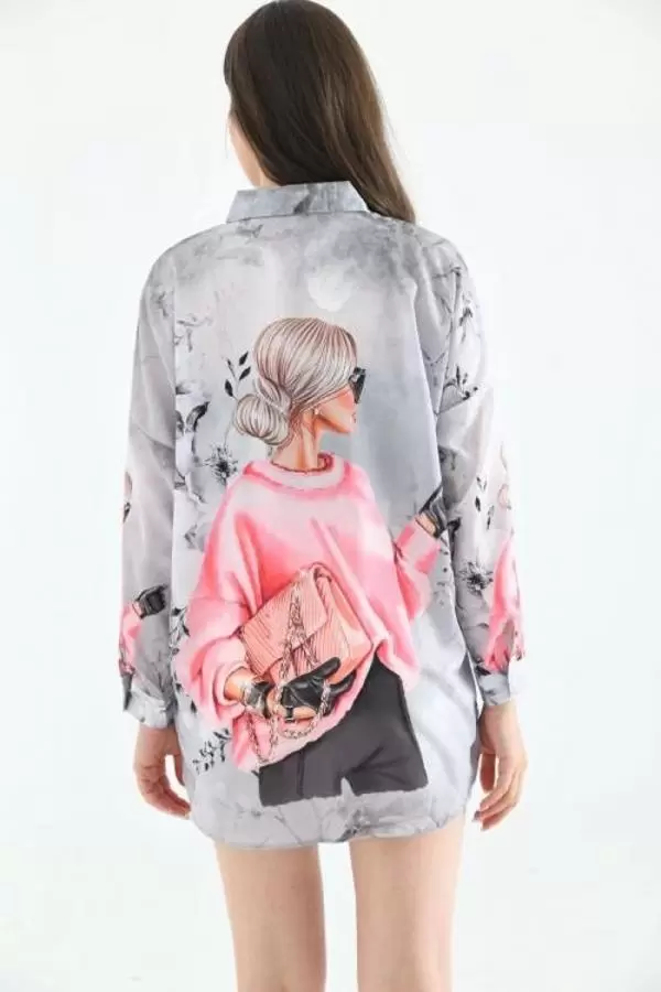 Çiçek ve Görsel Baskılı Uzun Kollu Kadın Gri Gömlek