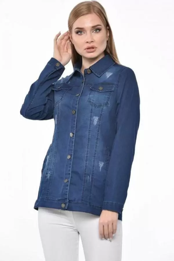 Düğmeli,Cepli ve Likralı Zımparalı Düz Kesim Koyu Mavi Kadın Kot Ceket