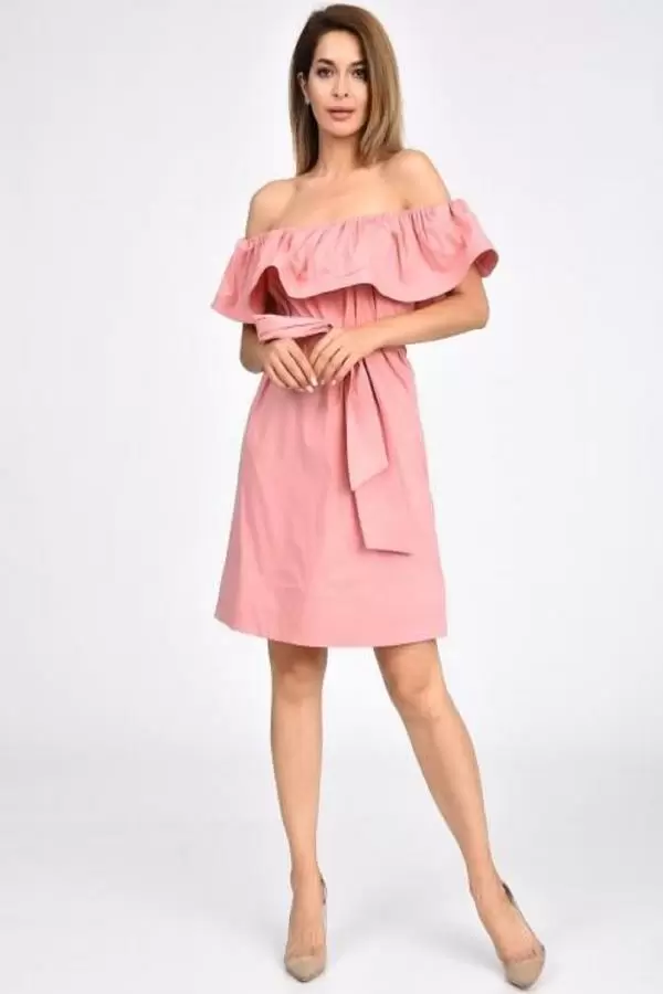 Düşük Omuzlu Volanlı Pudra Kadın Elbise