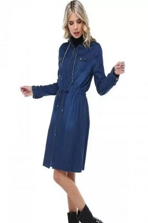 Fermuarlı Kapşonlu Koyu Mavi Uzun Kadın Kot Ceket