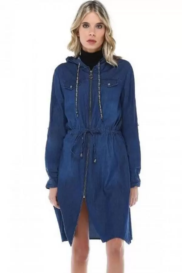 Fermuarlı Kapşonlu Koyu Mavi Uzun Kadın Kot Ceket