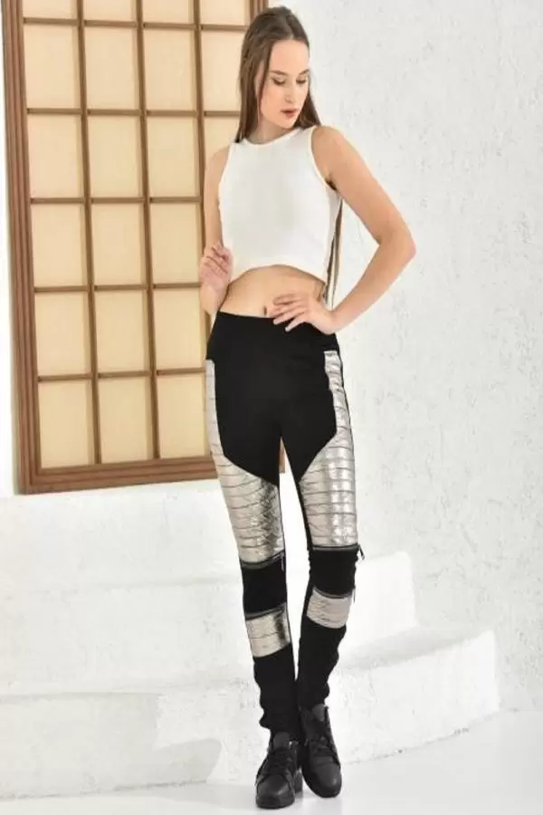 Fermuarlı Sarı Şişme Desenli Siyah Kadın Tayt