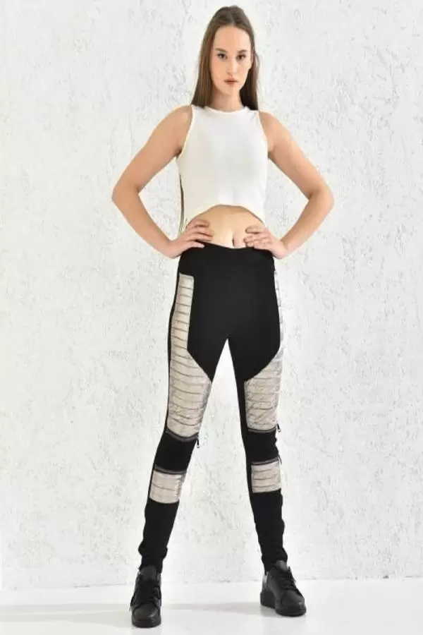 Fermuarlı Sarı Şişme Desenli Siyah Kadın Tayt