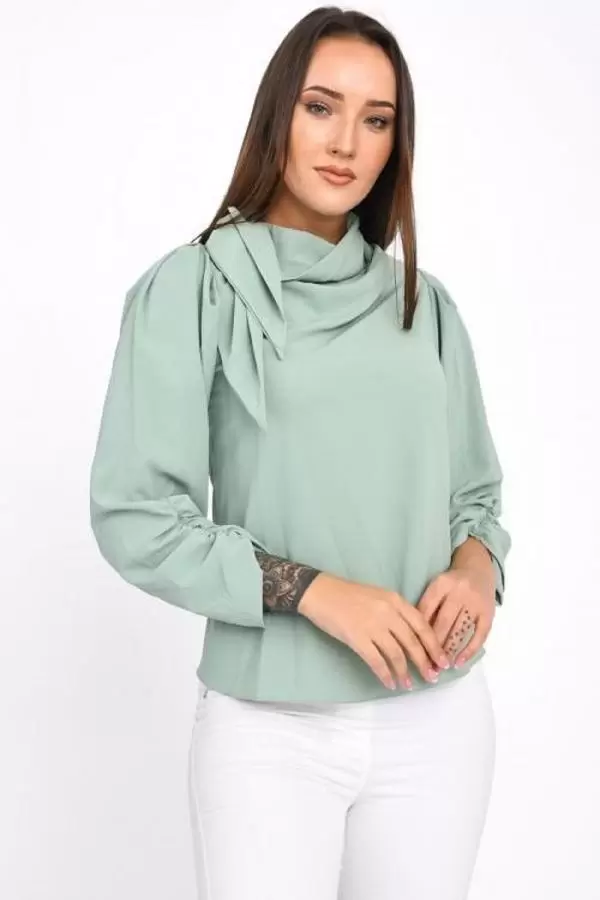 Fular Detaylı Uzun Kollu Mint Yeşil Kadın Bluz