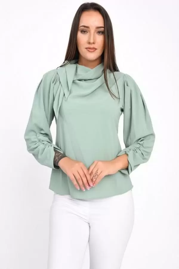 Fular Detaylı Uzun Kollu Mint Yeşil Kadın Bluz