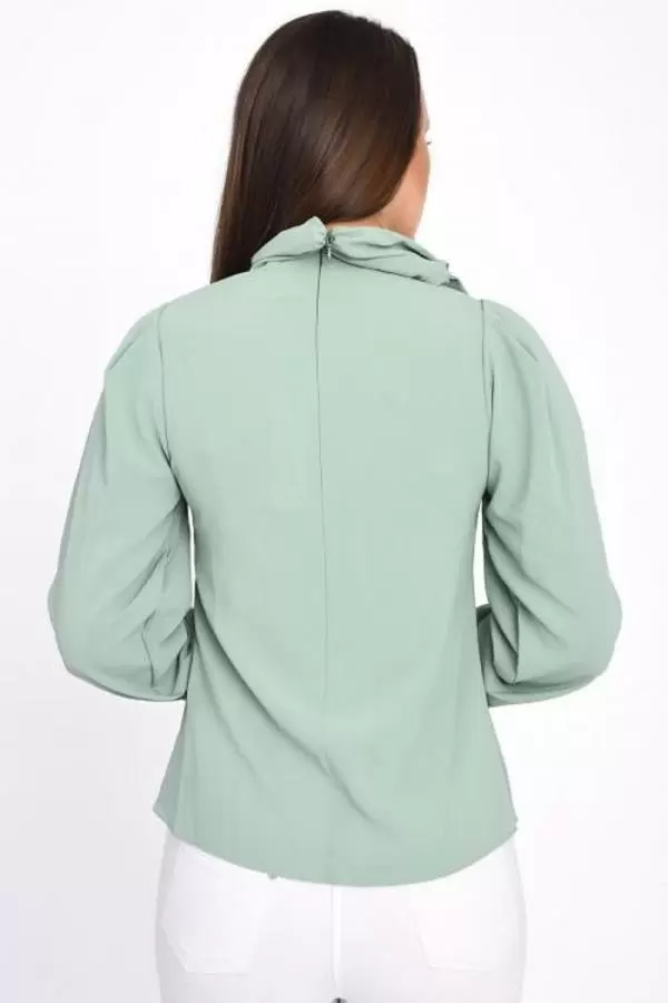 Fular Detaylı Uzun Kollu Mint Yeşil Kadın Bluz