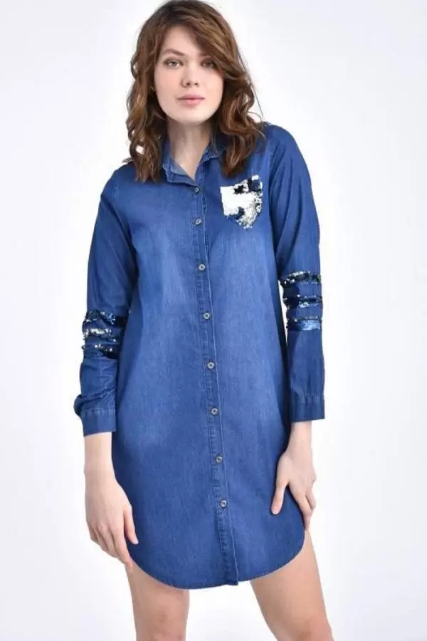 Göğüs Cep ve Kol Sıra Pul Dizinli Koyu Mavi Kadın Tunik