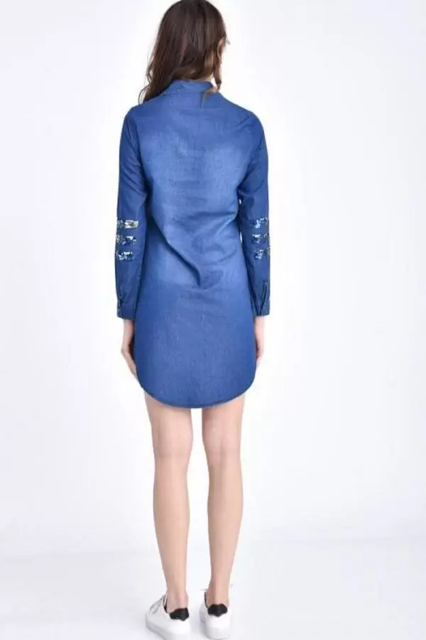 Göğüs Cep ve Kol Sıra Pul Dizinli Koyu Mavi Kadın Tunik