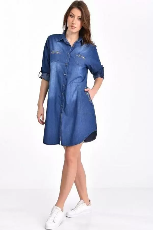 Göğüs ve Cep Taş Dizinli Yıkamalı Koyu Mavi Kadın Tunik