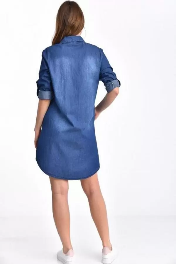 Göğüs ve Cep Taş Dizinli Yıkamalı Koyu Mavi Kadın Tunik