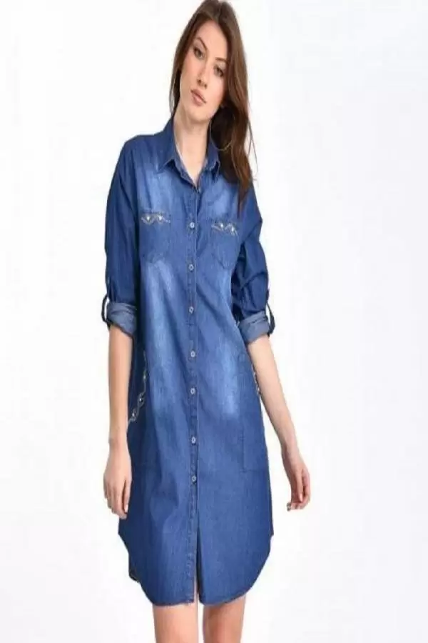 Göğüs ve Cep Taş Dizinli Yıkamalı Koyu Mavi Kadın Tunik